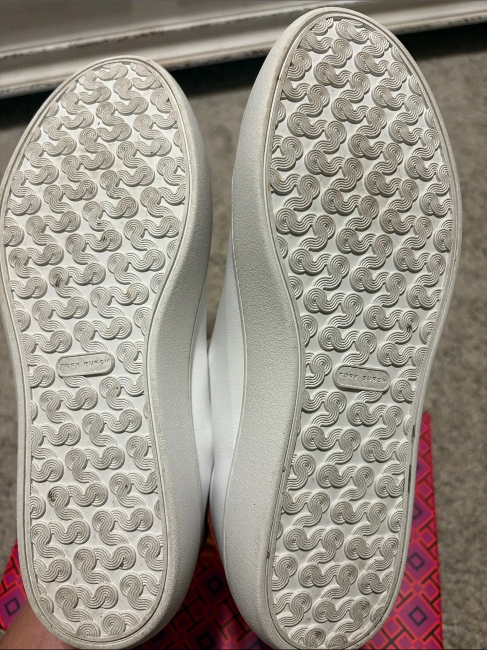 Tory Burch White Leather Sneakers with Orange Heel Accent